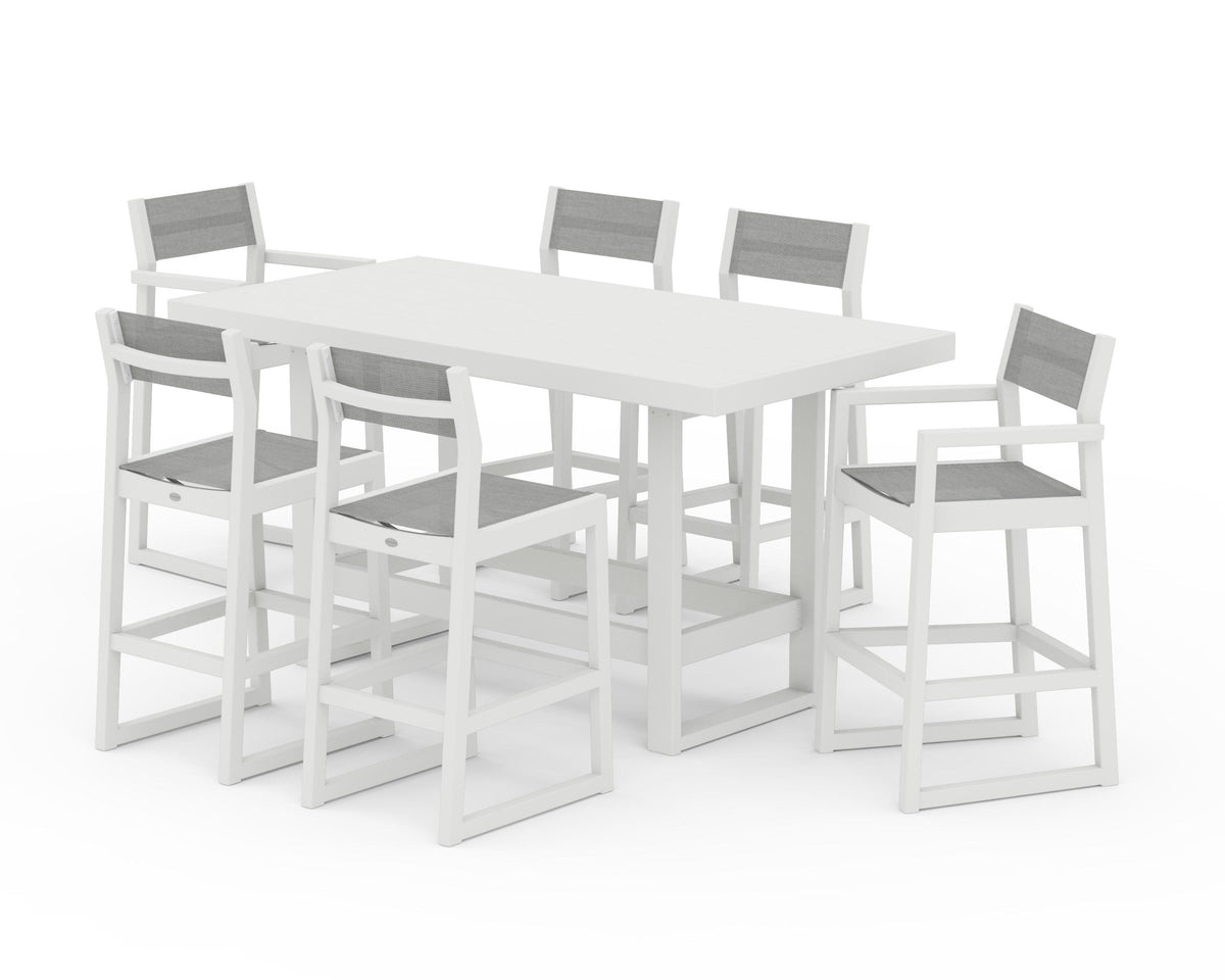 POLYWOOD EDGE Sling 7-Piece Bar Table Set in Vintage White / Metallic
