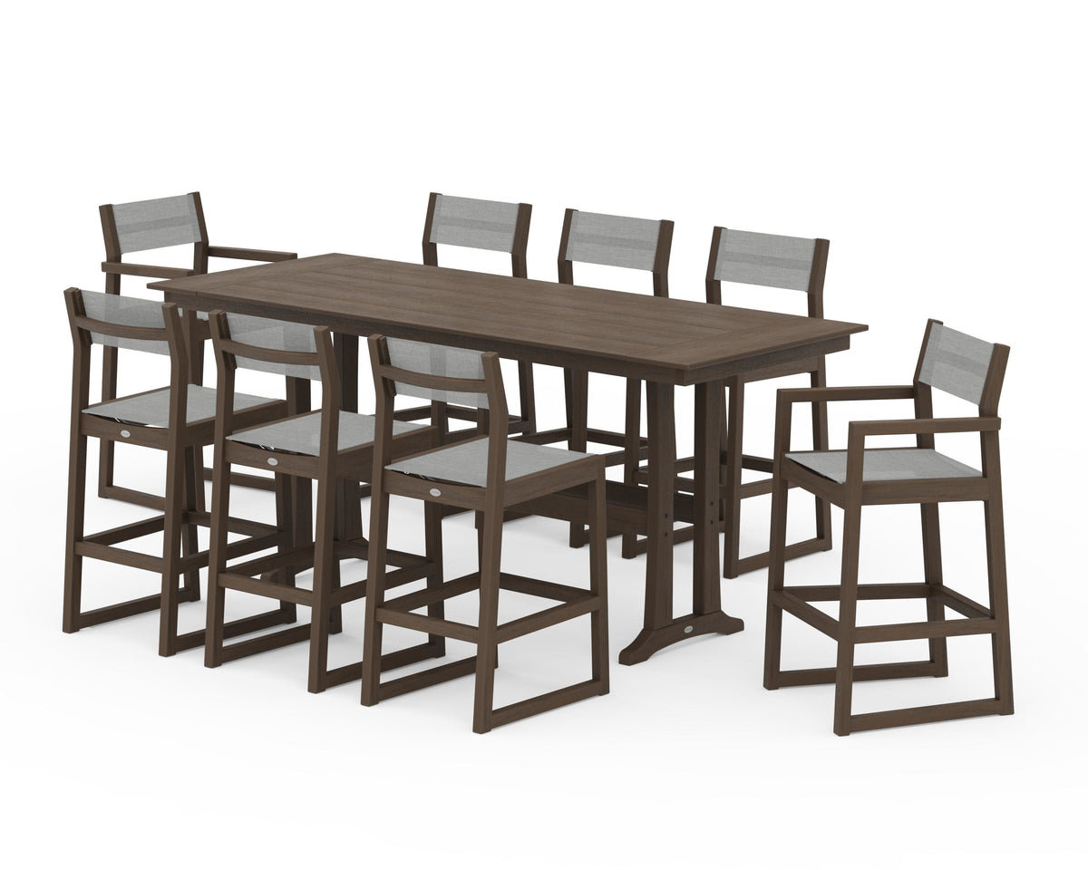 POLYWOOD EDGE Sling 9-Piece Farmhouse Bar Set with Trestle Legs in Kona / Metallic