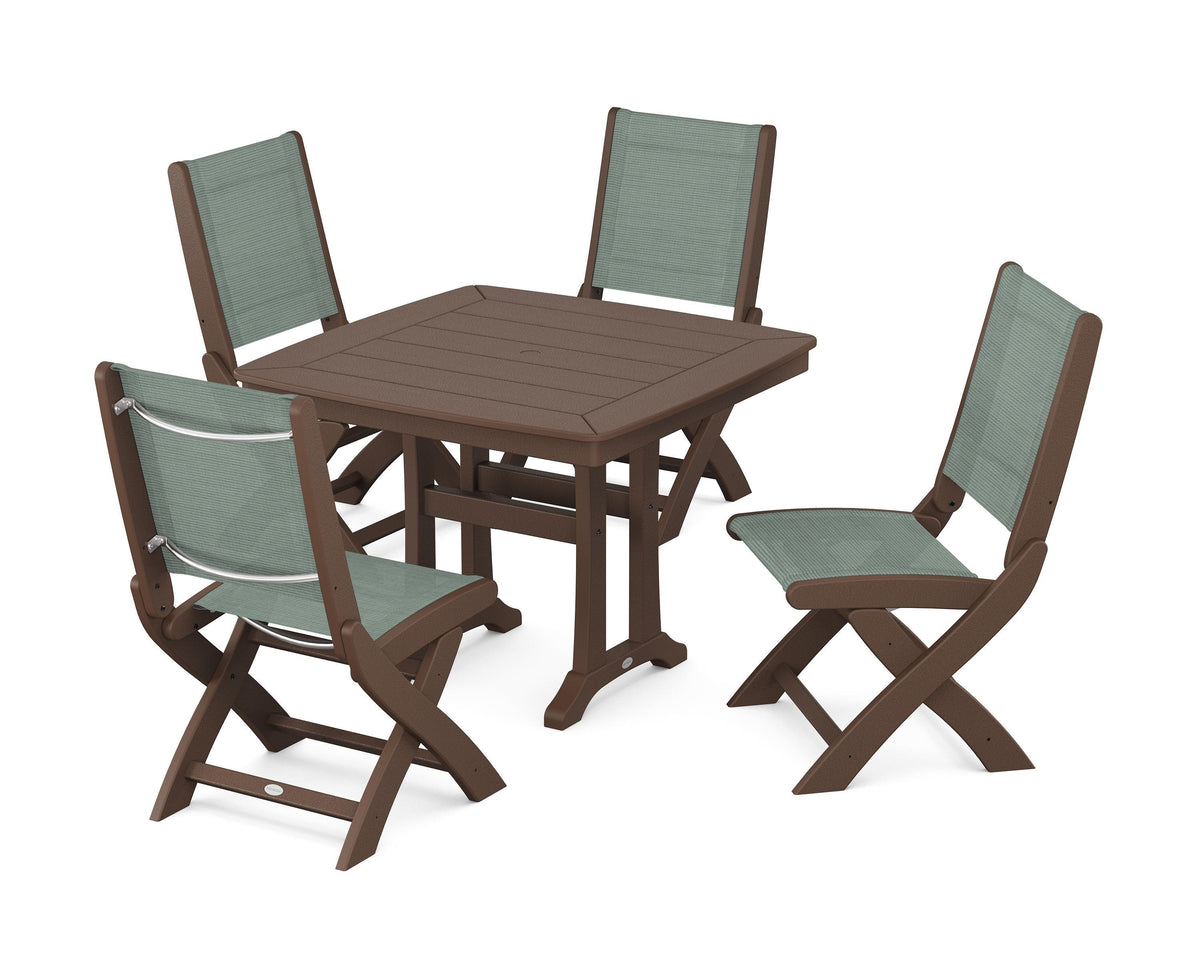POLYWOOD Coastal Folding Side Chair 5-Piece Dining Set with Trestle Legs in Mahogany / Dupioni Sea Mist