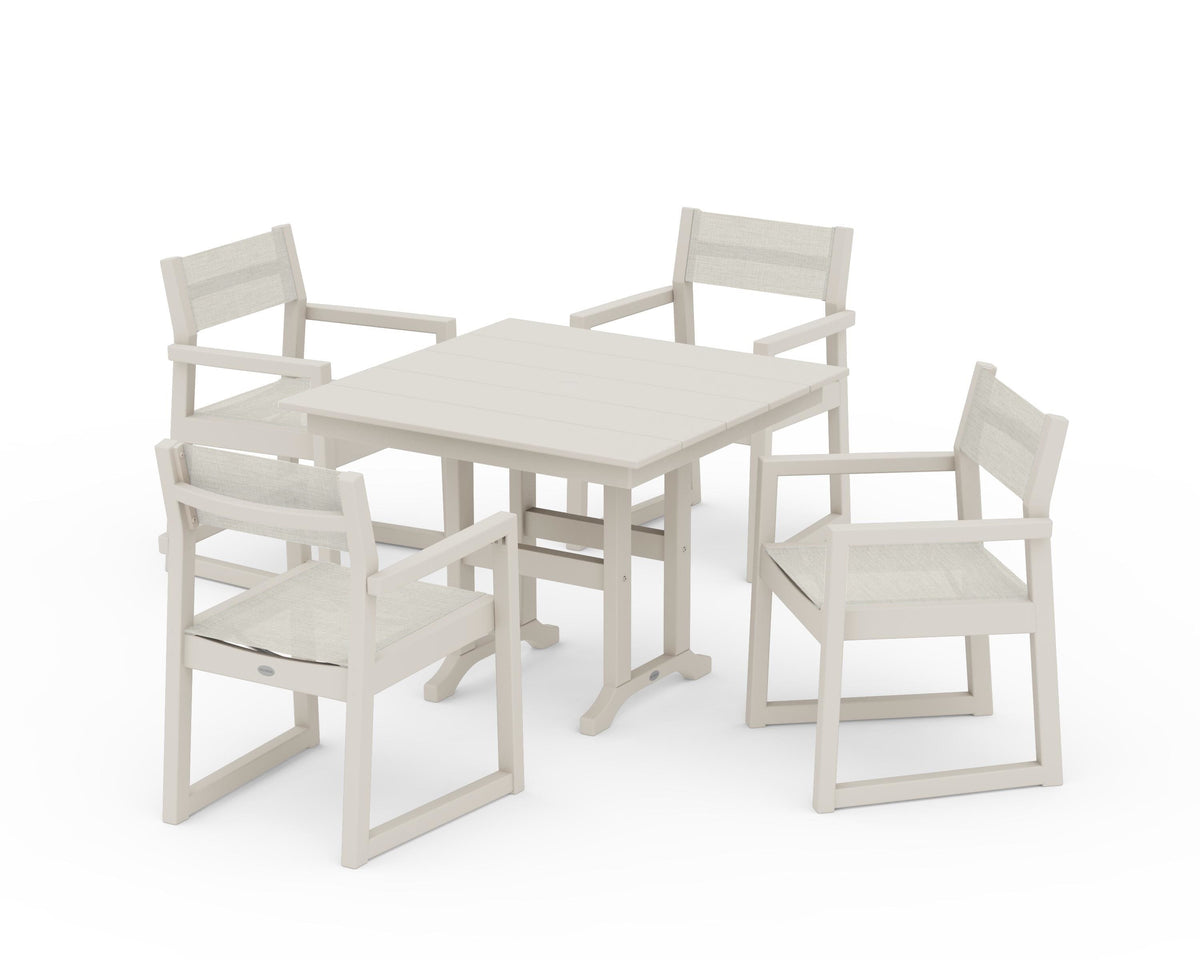 POLYWOOD EDGE Sling Arm Chair 5-Piece Farmhouse Dining Set in Sand / Parchment