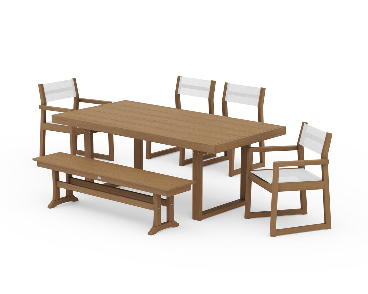 POLYWOOD EDGE Sling 6-Piece Dining Set with Bench in Natural / White