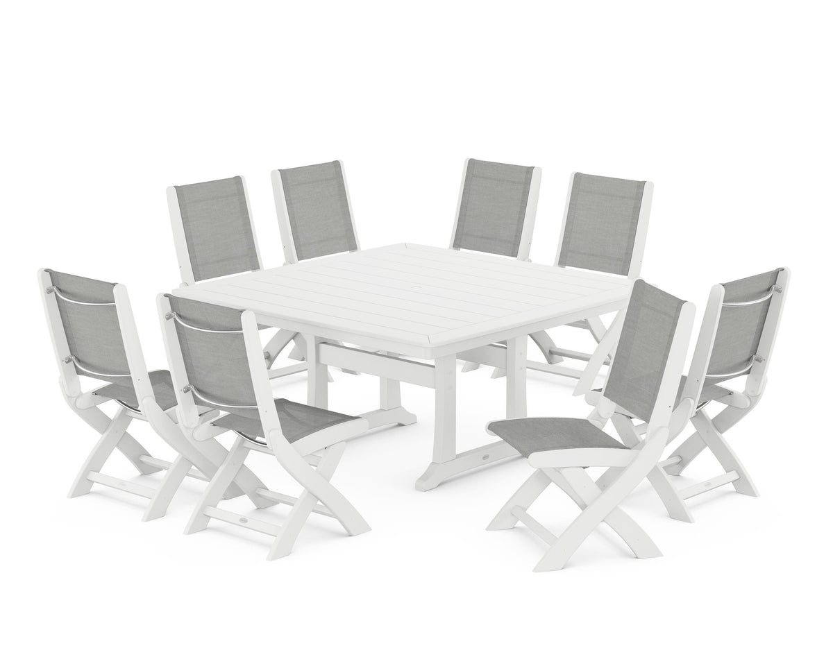 POLYWOOD Coastal Folding Side Chair 9-Piece Dining Set with Trestle Legs in White / Metallic