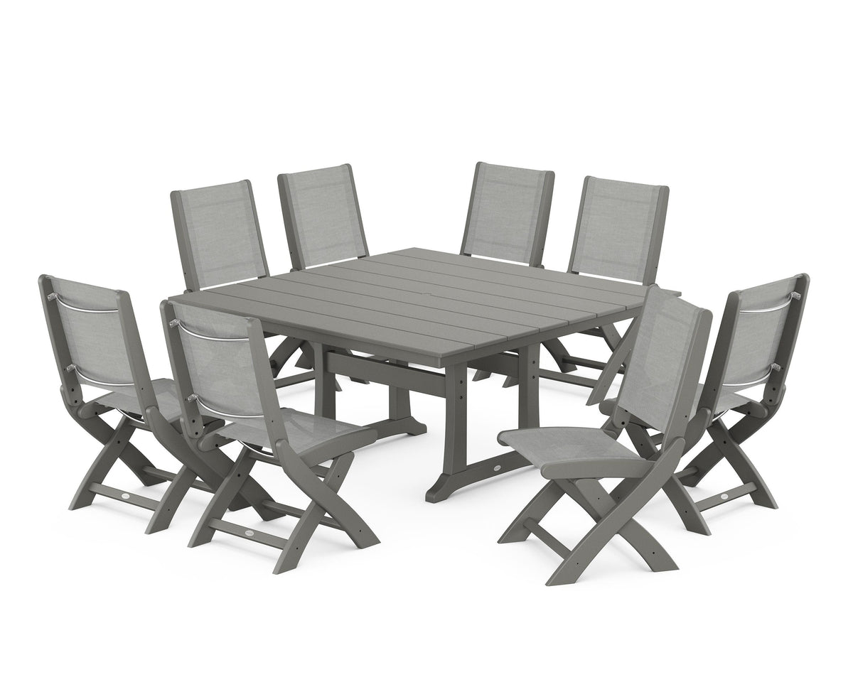POLYWOOD Coastal Folding Side Chair 9-Piece Farmhouse Dining Set in Slate Grey / Metallic
