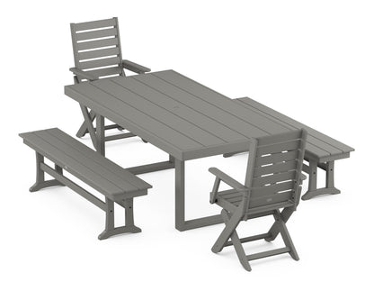 POLYWOOD Captain Folding Chair 5-Piece Dining Set with Benches - 39" x 78" Table in Slate Grey
