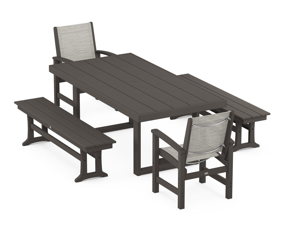 POLYWOOD Coastal 5-Piece Dining Set with Trestle Legs with EDGE 40" x 78" Dining Table in Vintage Coffee / Birch
