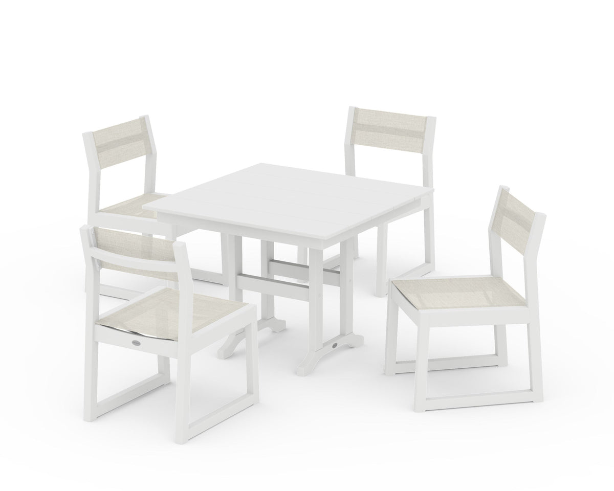 POLYWOOD EDGE Sling Side Chair 5-Piece Farmhouse Dining Set in White / Parchment