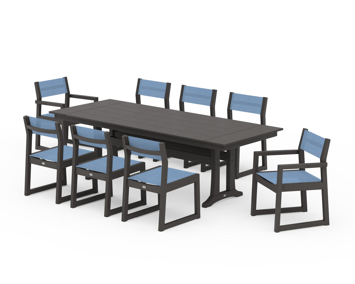 POLYWOOD EDGE Sling 9-Piece Farmhouse Trestle Dining Set in Vintage Coffee / Poolside