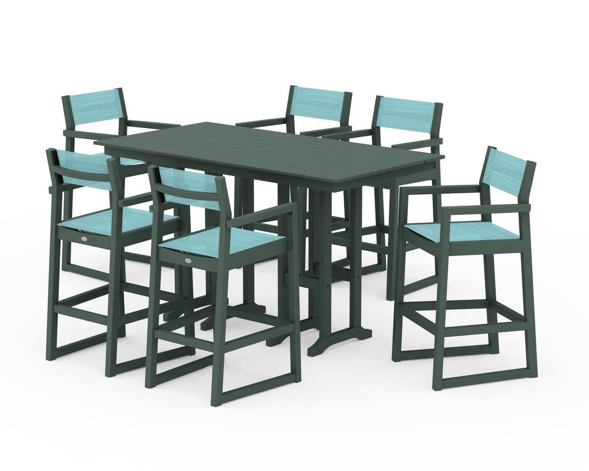 POLYWOOD EDGE Sling Arm Chair 7-Piece Farmhouse Bar Set in Green / Dupioni Aquamarine