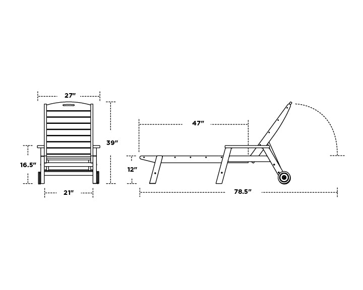 POLYWOOD Nautical Chaise with Arms &amp; Wheels dimension drawing with width, depth and height measurements