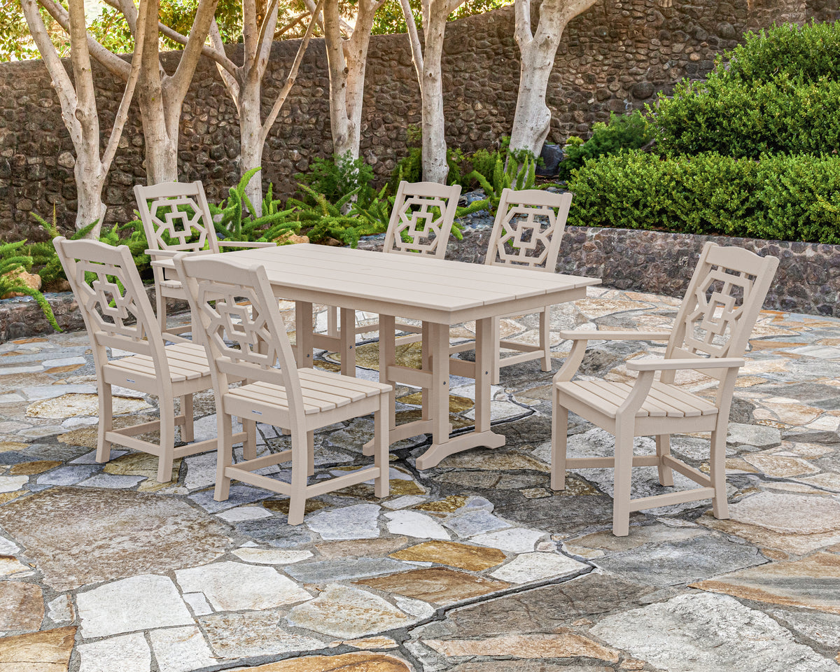 Lifestyle photo of the POLYWOOD Chinoiserie 7-Piece Farmhouse Dining Set