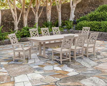Lifestyle photo of the POLYWOOD Chinoiserie 9-Piece Dining Set with Trestle Legs