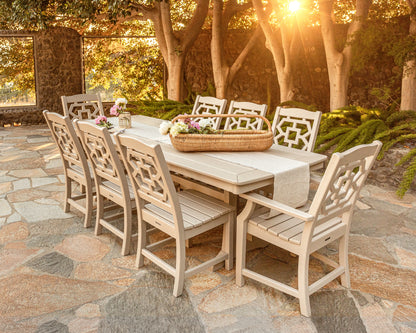 Lifestyle photo of the POLYWOOD Chinoiserie 9-Piece Dining Set with Trestle Legs