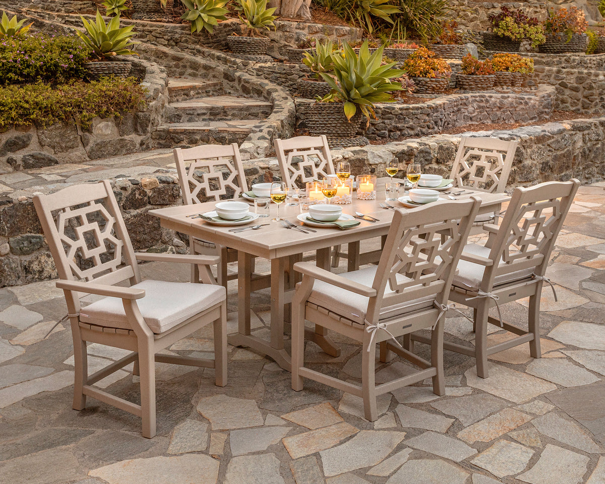 Lifestyle photo of the POLYWOOD Chinoiserie Arm Chair 7-Piece Farmhouse Dining Set