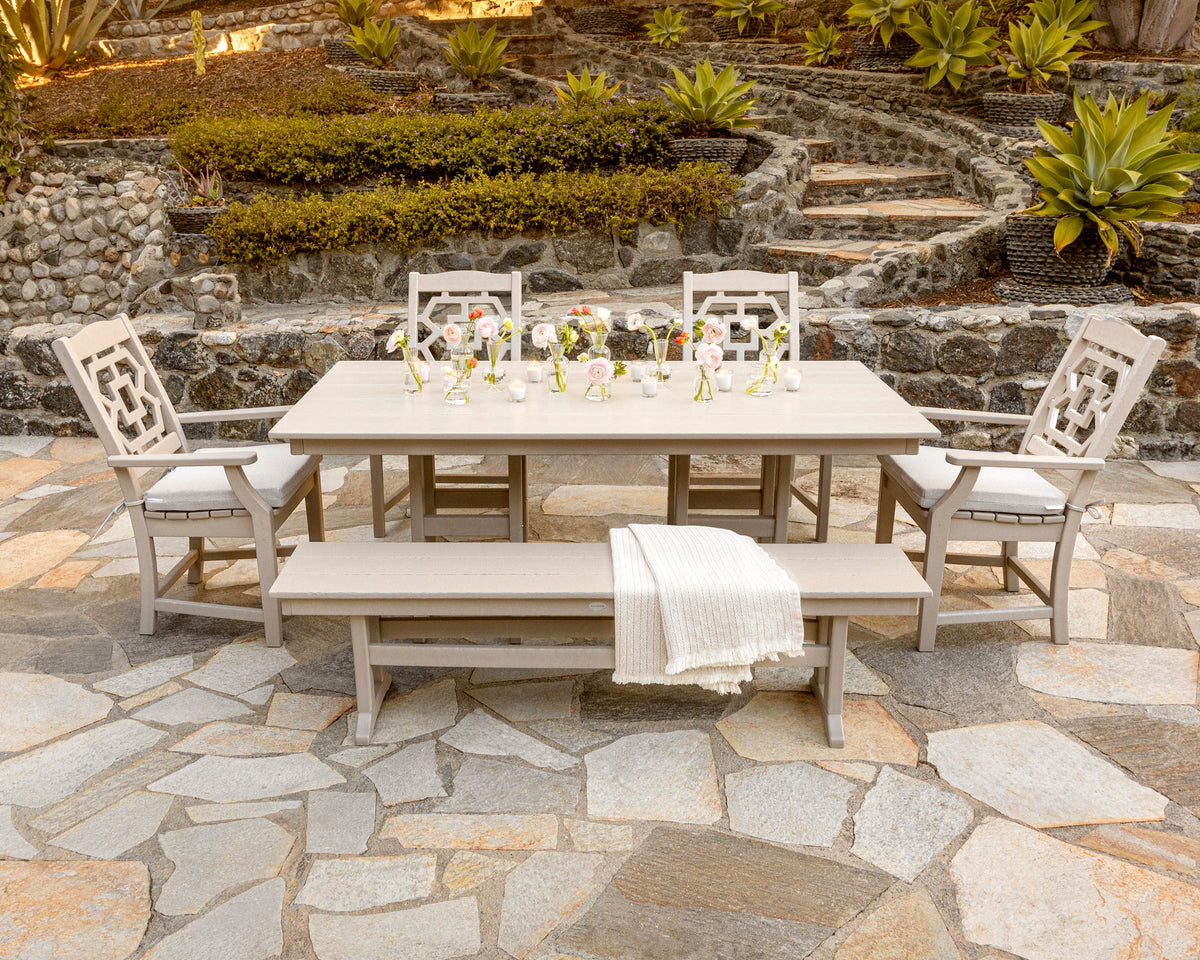 Lifestyle photo of the POLYWOOD Chinoiserie 6-Piece Farmhouse Dining Set with Bench