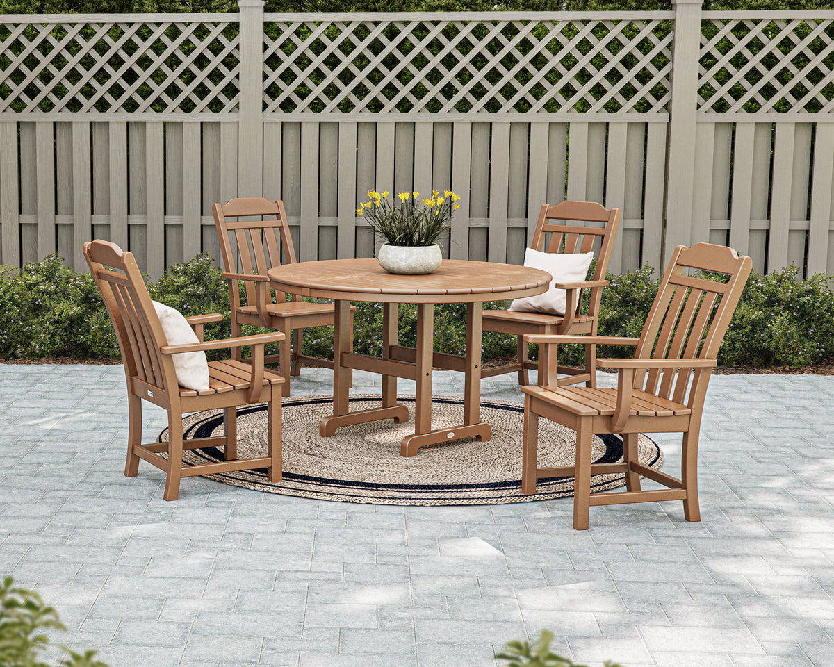 Lifestyle photo of the POLYWOOD Cottage 5-Piece Round Farmhouse Dining Set