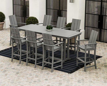 Lifestyle photo of the POLYWOOD Modern Adirondack 9-Piece Bar Set with Trestle Legs