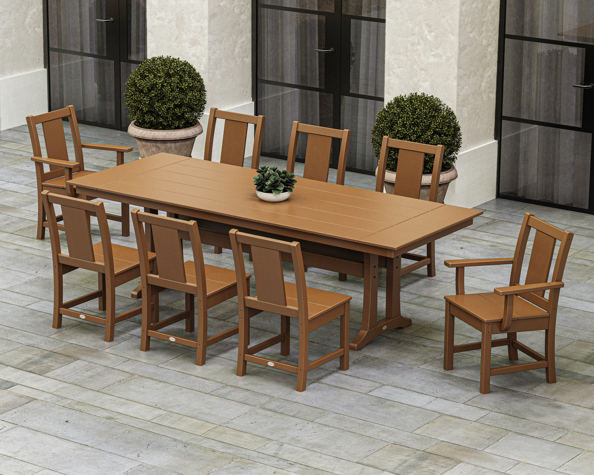 Lifestyle photo of the POLYWOOD Prairie 9-Piece Farmhouse Dining Set with Trestle Legs