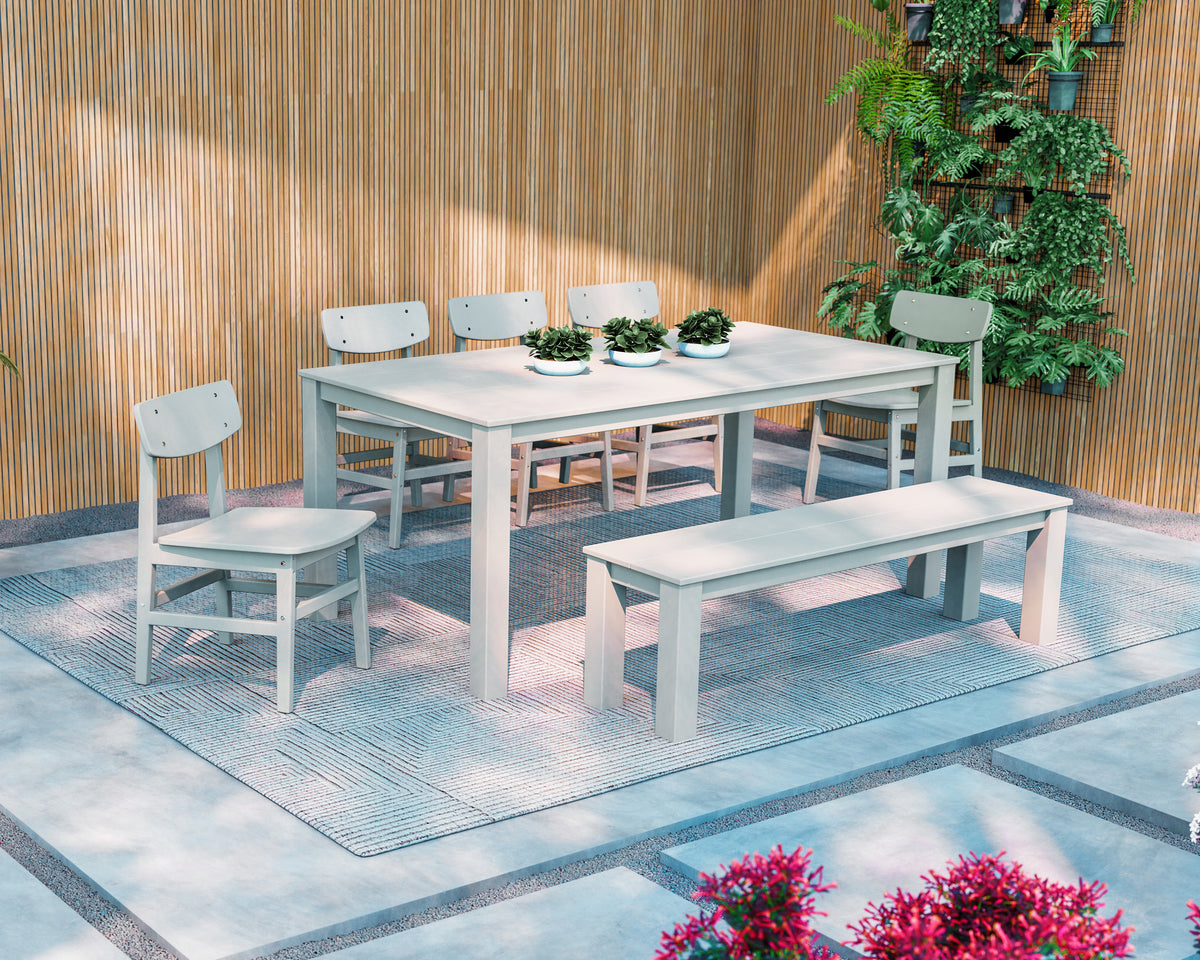Lifestyle photo of the POLYWOOD Modern Studio Urban Chair 7-Piece Parsons Dining Set with Bench