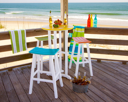 Lifestyle photo of the POLYWOOD Contempo 4-Piece Round Saddle Bar Stool Set