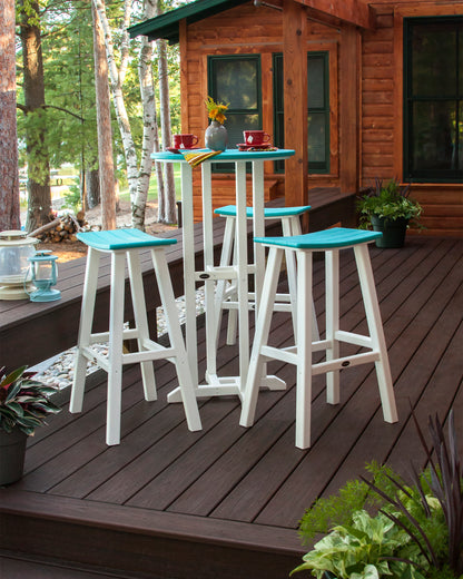 Lifestyle photo of the POLYWOOD Contempo 4-Piece Round Saddle Bar Stool Set