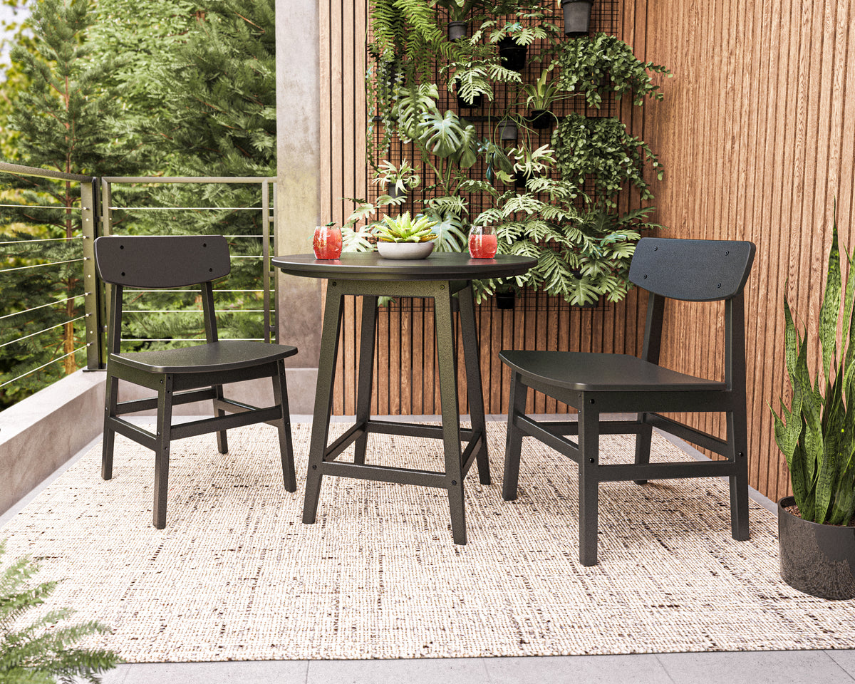 Lifestyle photo of the POLYWOOD Modern Studio Urban Chair 3-Piece Round Bistro Dining Set
