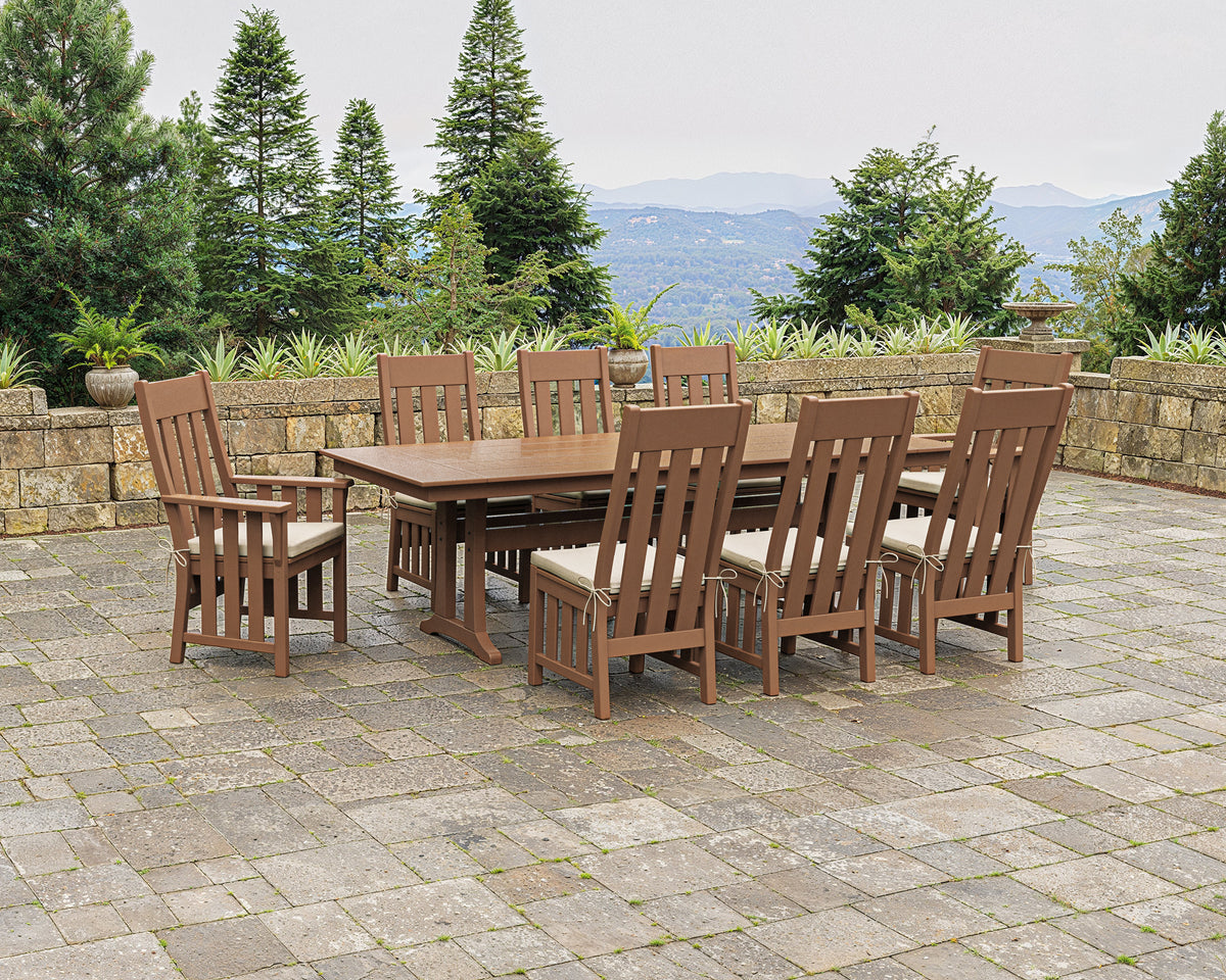 Lifestyle photo of the POLYWOOD Acadia 9-Piece Farmhouse Dining Set with Trestle Legs