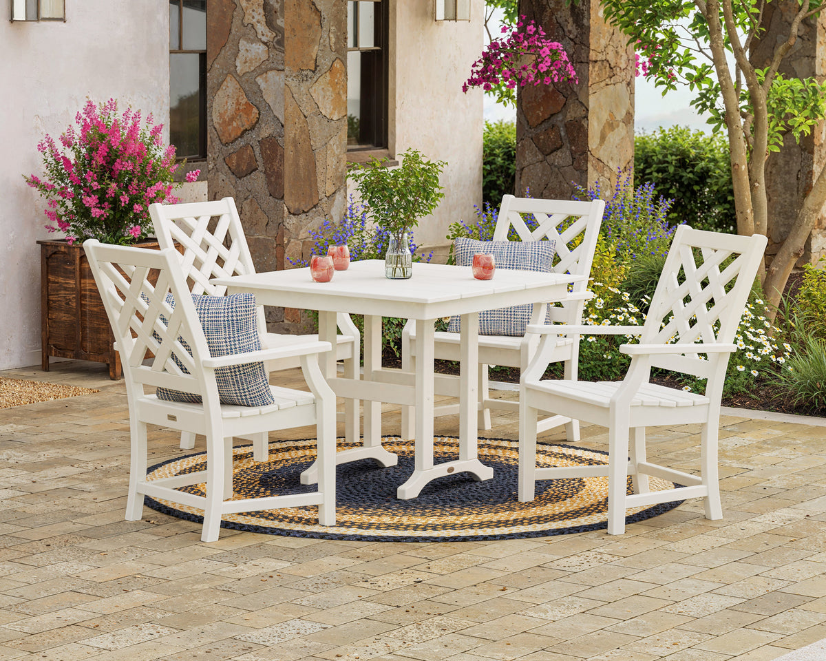 Lifestyle photo of the POLYWOOD Wovendale 5-Piece Farmhouse Dining Set