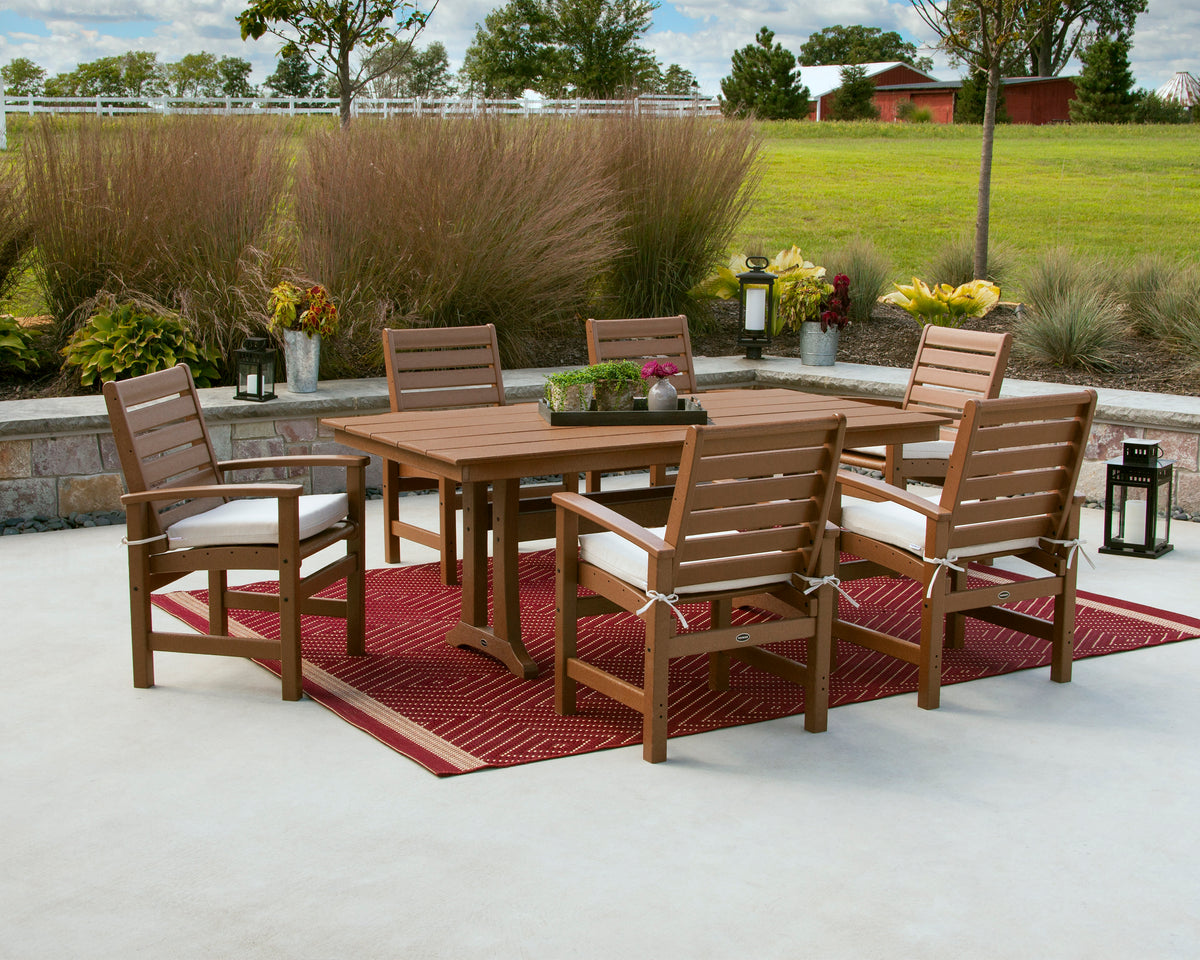 Lifestyle photo of the POLYWOOD Signature 7-Piece Farmhouse Dining Set with Trestle Legs