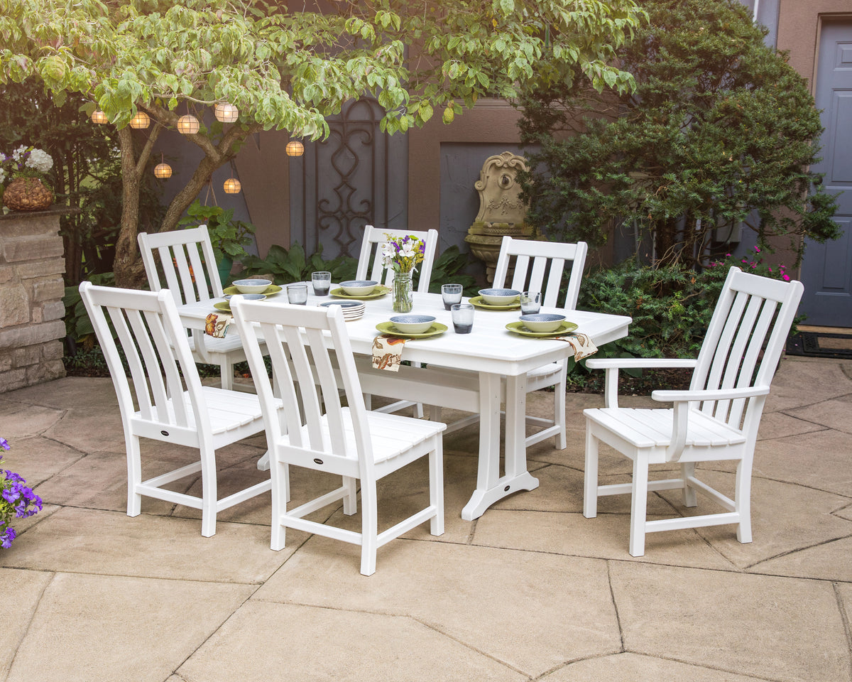 Lifestyle photo of the POLYWOOD Vineyard 7-Piece Dining Set with Trestle Legs