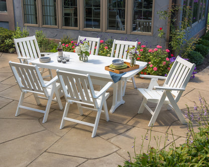Lifestyle photo of the POLYWOOD Vineyard Folding Chair 7-Piece Dining Set with Trestle Legs