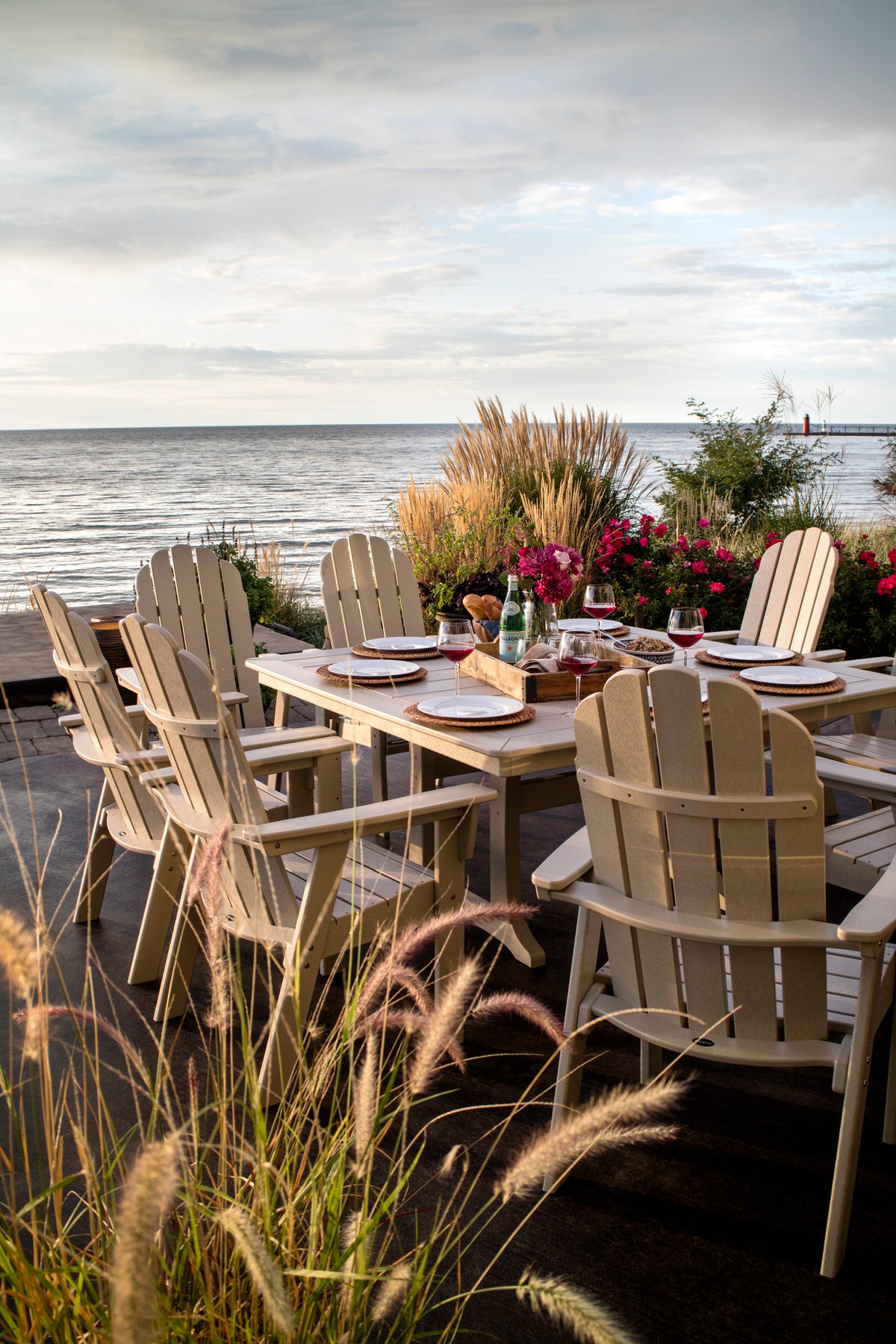 Detail photo of the POLYWOOD Vineyard Curveback Adirondack 9-Piece Nautical Trestle Dining Set