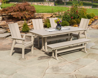 Lifestyle photo of the POLYWOOD Modern Curveback Adirondack 6-Piece Farmhouse Dining Set with Trestle Legs and Bench - 37" x 72" Table