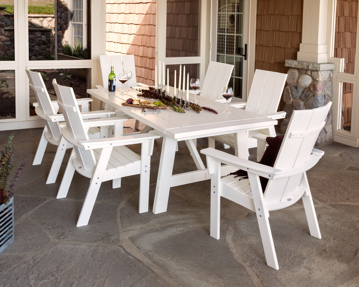 Lifestyle photo of the POLYWOOD Modern Curveback Adirondack 7-Piece Rustic Farmhouse Dining Set