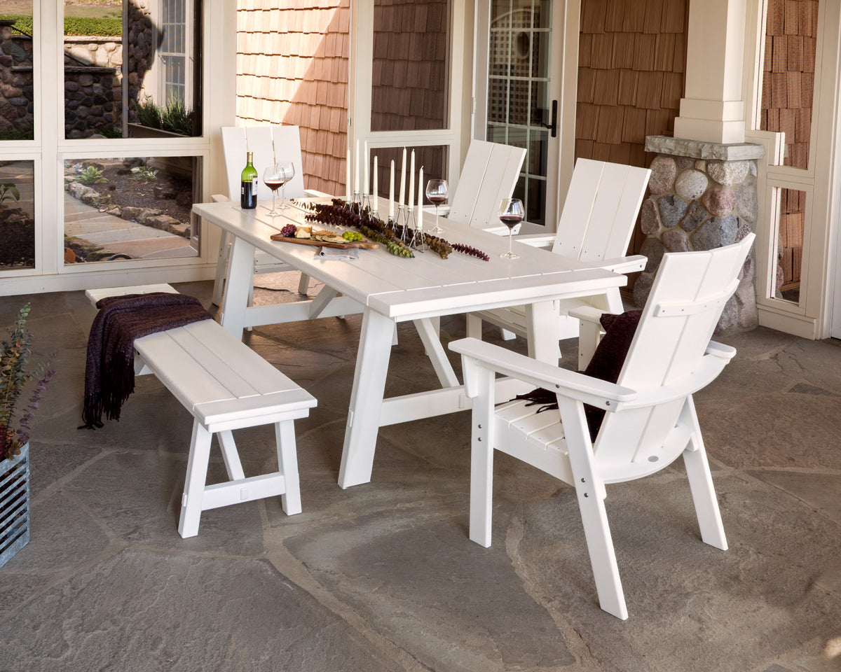 Lifestyle photo of the POLYWOOD Modern Curveback Adirondack 6-Piece Rustic Farmhouse Dining Set with Bench
