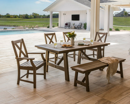 Lifestyle photo of the POLYWOOD Braxton 6-Piece Rustic Farmhouse Arm Chair Dining Set with Bench
