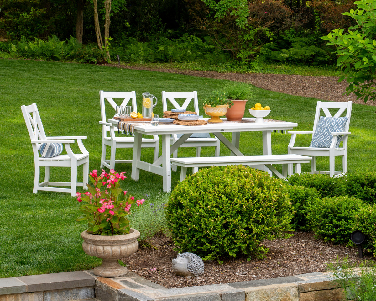 Lifestyle photo of the POLYWOOD Braxton 6-Piece Rustic Farmhouse Arm Chair Dining Set with Bench