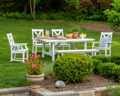 Lifestyle photo of the POLYWOOD Braxton 6-Piece Rustic Farmhouse Arm Chair Dining Set with Bench