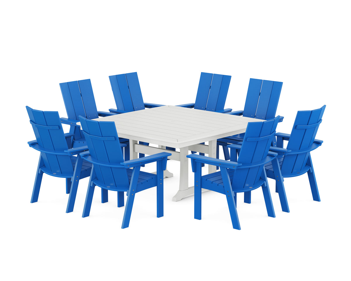 POLYWOOD Modern Curveback Adirondack 9-Piece Square Dining Set with Trestle Legs in Pacific Blue / White