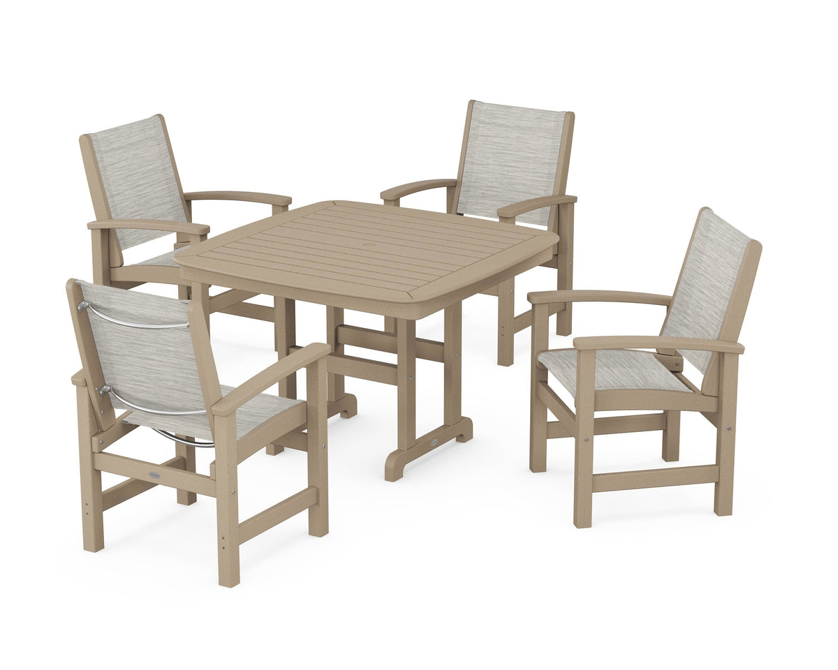 POLYWOOD Coastal 5-Piece Dining Set with Nautical 44" Dining Table in Vintage Sahara / Birch