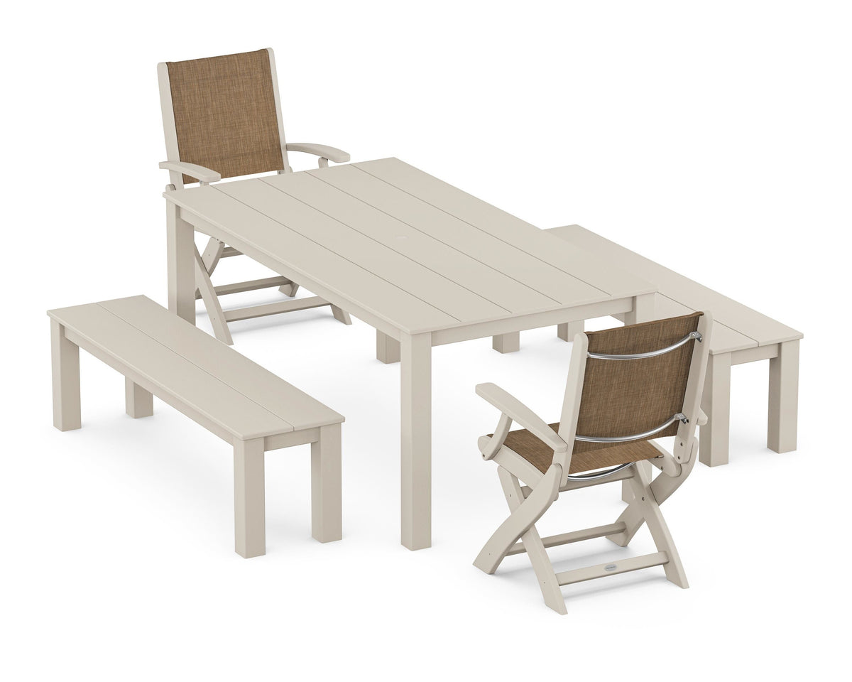 POLYWOOD Coastal Folding Chair 5-Piece Parsons Dining Set with Benches in Sand / Burlap