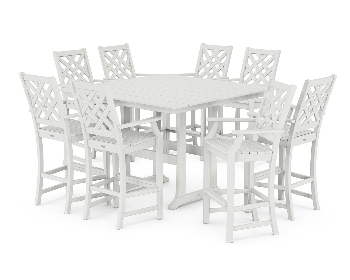 POLYWOOD Country Living Wovendale 9-Piece Square Farmhouse Bar Set with Trestle Legs in White