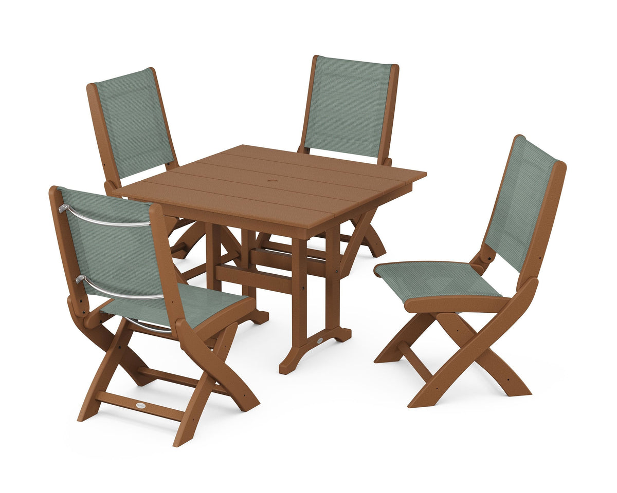 POLYWOOD Coastal Folding Side Chair 5-Piece Farmhouse Dining Set in Teak / Dupioni Sea Mist