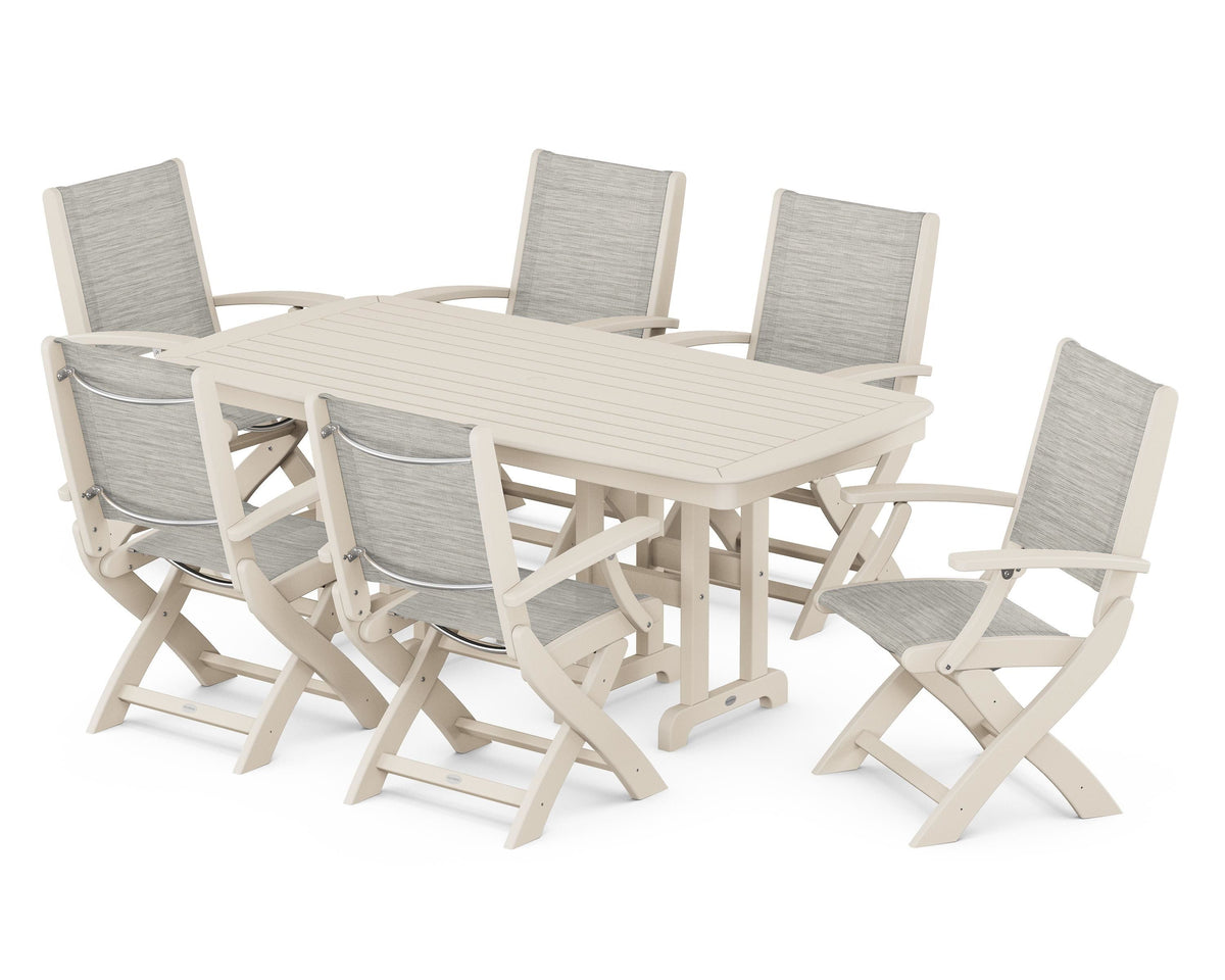 POLYWOOD Coastal Folding Arm Chair 7-Piece Dining Set in Sand / Birch