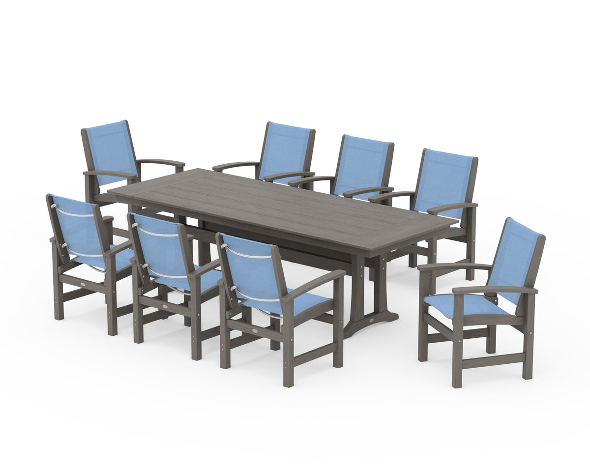 POLYWOOD Coastal 9-Piece Farmhouse Dining Set with Trestle Legs in Driftwood / Poolside