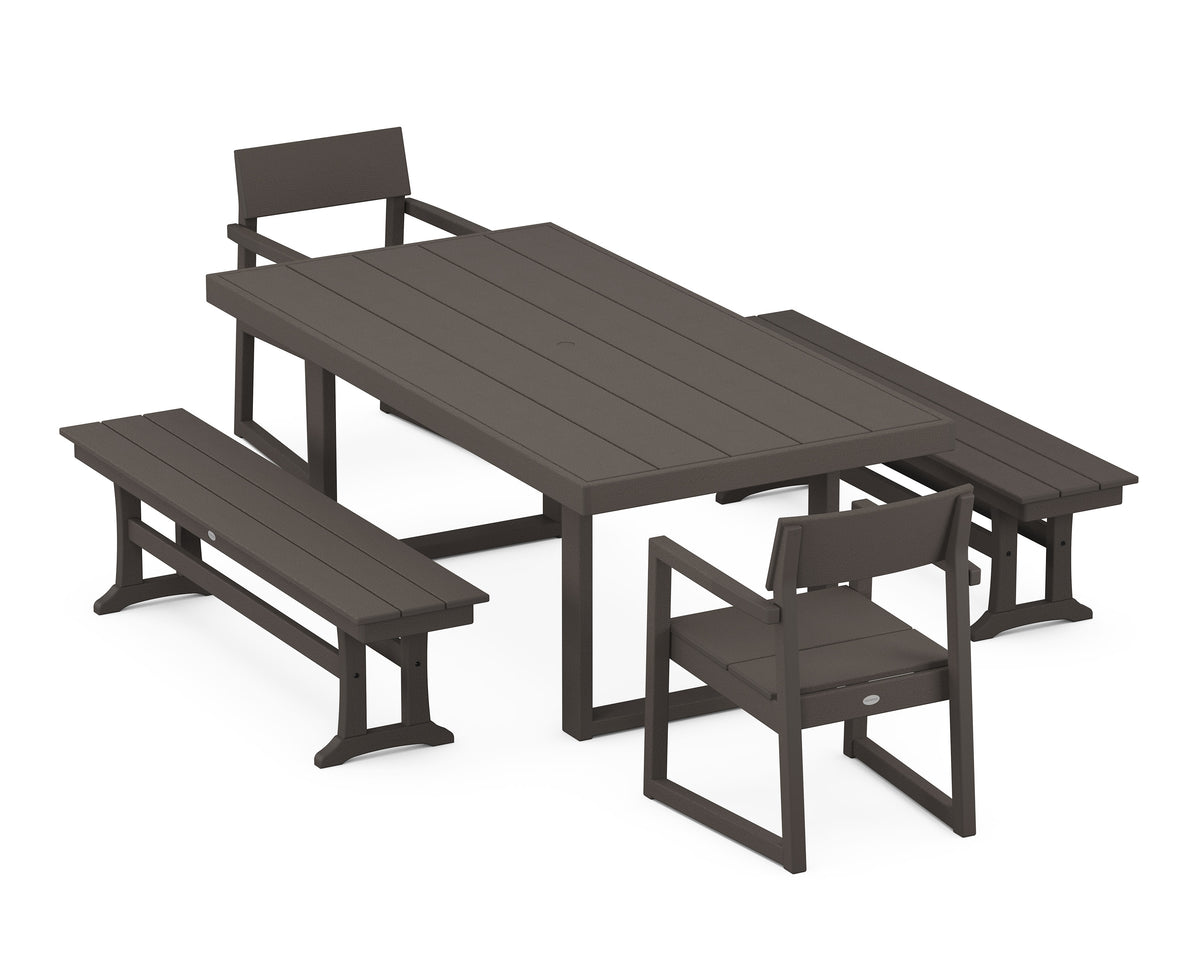POLYWOOD EDGE 5-Piece Dining Set with Benches (EDGE 40" x 78" Table) in Vintage Coffee