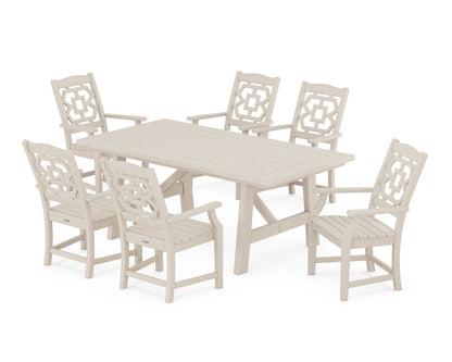 POLYWOOD Chinoiserie Arm Chair 7-Piece Rustic Farmhouse Dining Set in Sand