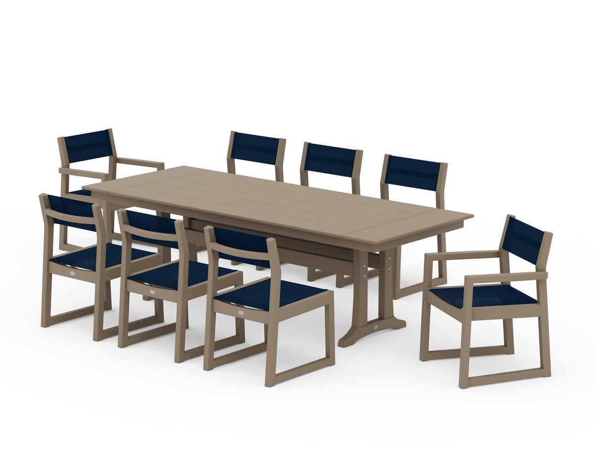 POLYWOOD EDGE Sling 9-Piece Farmhouse Trestle Dining Set in Vintage Sahara / Navy Blue