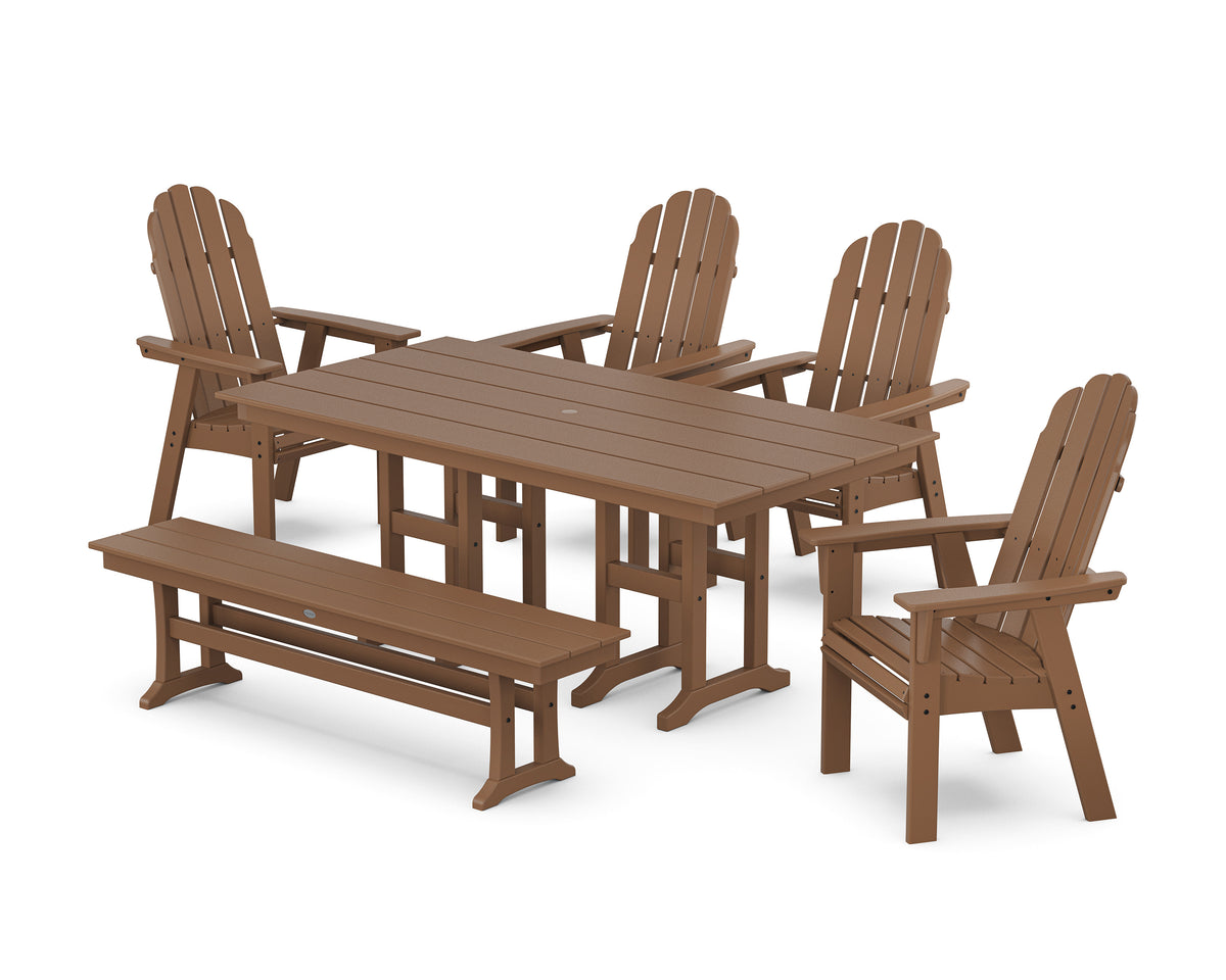 POLYWOOD Vineyard Curveback Adirondack Chair 6-Piece Farmhouse Dining Set with Bench in Teak