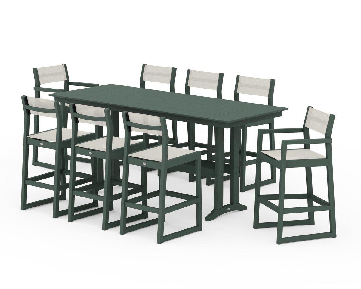 POLYWOOD EDGE Sling 9-Piece Farmhouse Bar Set with Trestle Legs in Green / Parchment