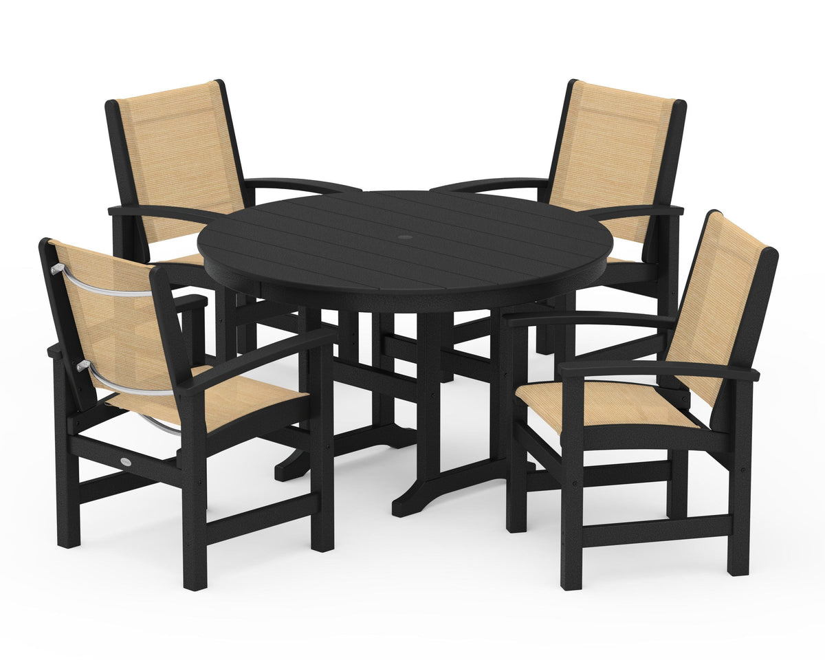 POLYWOOD Coastal 5-Piece Round Farmhouse Dining Set in Black / Dupioni Apricot